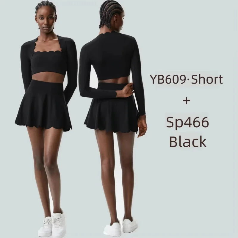 Black Small Wav Tennis Woman Sports Two-Piece Set