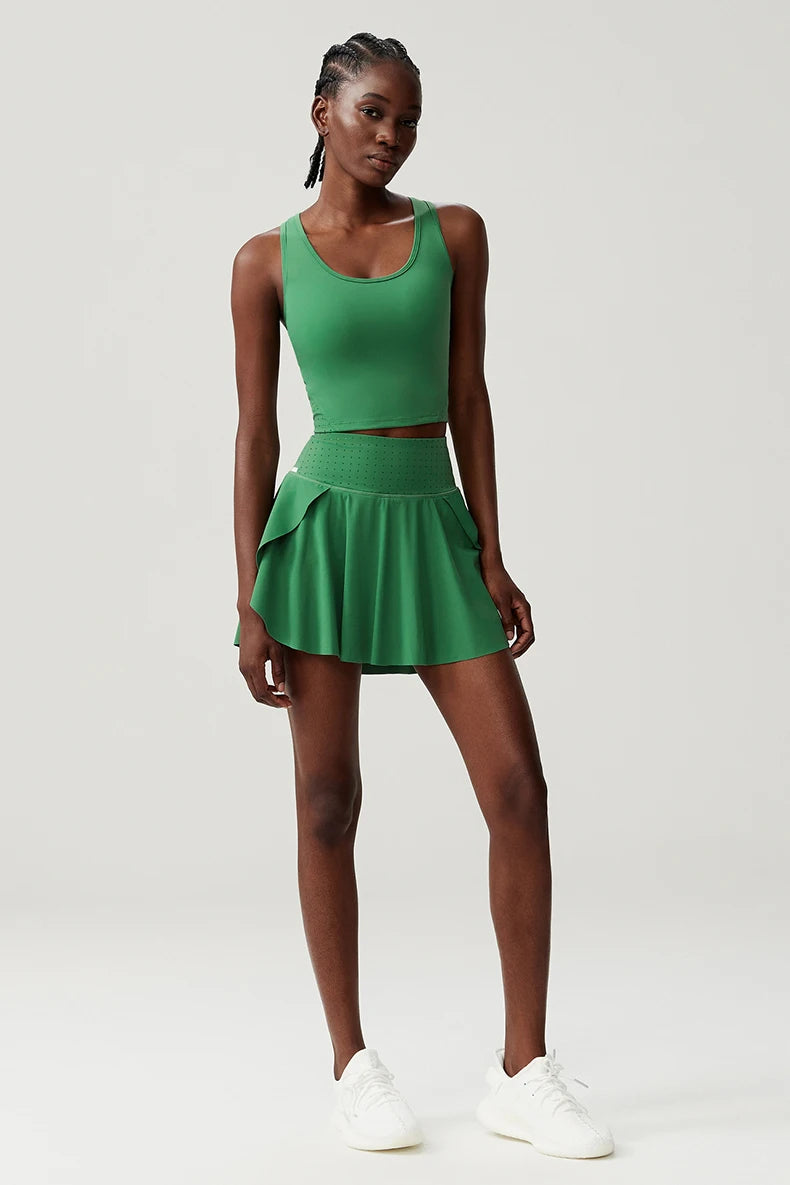 Women Two Pieces Fitness Yoga Set Breathable Outdoor Running Suit Soft Stretchy Tennis Skirt Workout Clothes Short Sportswear