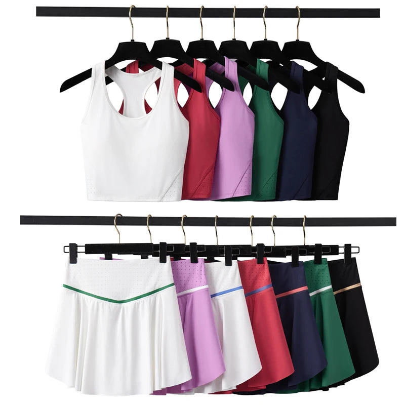 Women Two Pieces Fitness Yoga Set Breathable Outdoor Running Suit Soft Stretchy Tennis Skirt Workout Clothes Short Sportswear