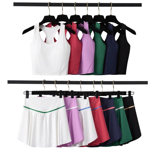 Women Two Pieces Fitness Yoga Set Breathable Outdoor Running Suit Soft Stretchy Tennis Skirt Workout Clothes Short Sportswear