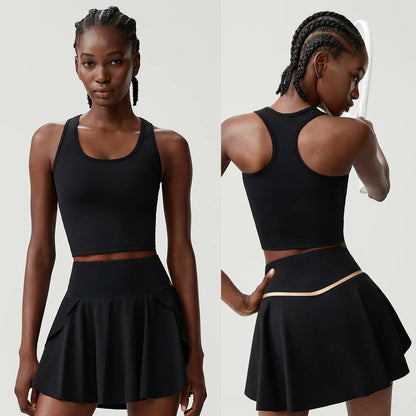 Women Two Pieces Fitness Yoga Set Breathable Outdoor Running Suit Soft Stretchy Tennis Skirt Workout Clothes Short Sportswear