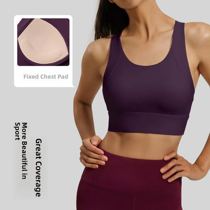 Women's Yoga Sports Bra Shock Absorption Gathered Nylon Elastic Top Running Fitness Vest Comfortable Breathable Fixed Pad